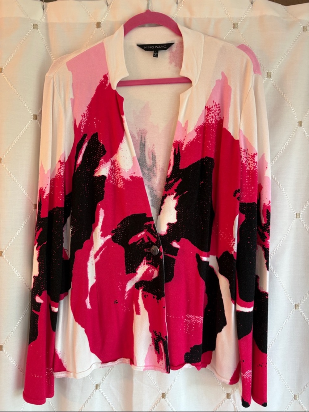 Ming Wang Pink Black Abstract Brushstroke Cardigan